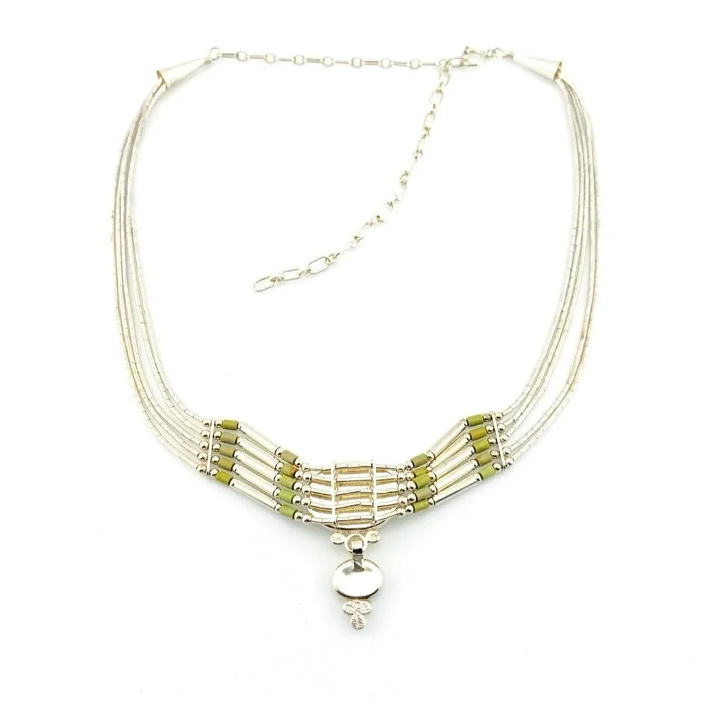 Sterling Silver Green Turquoise Multi Strand Liquid Silver Necklace Adjustable
